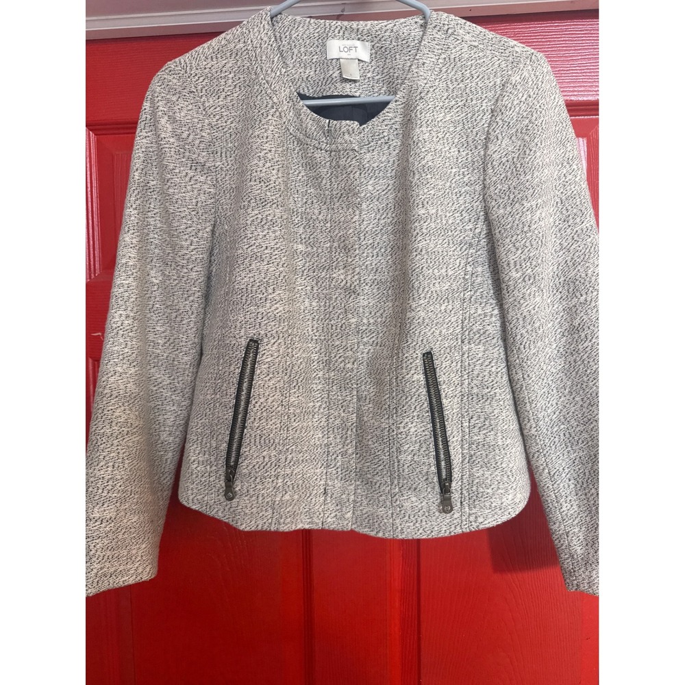 Loft Ann Taylor Women Black White Textured Tweed Collarless Blazer Jacket Size 6